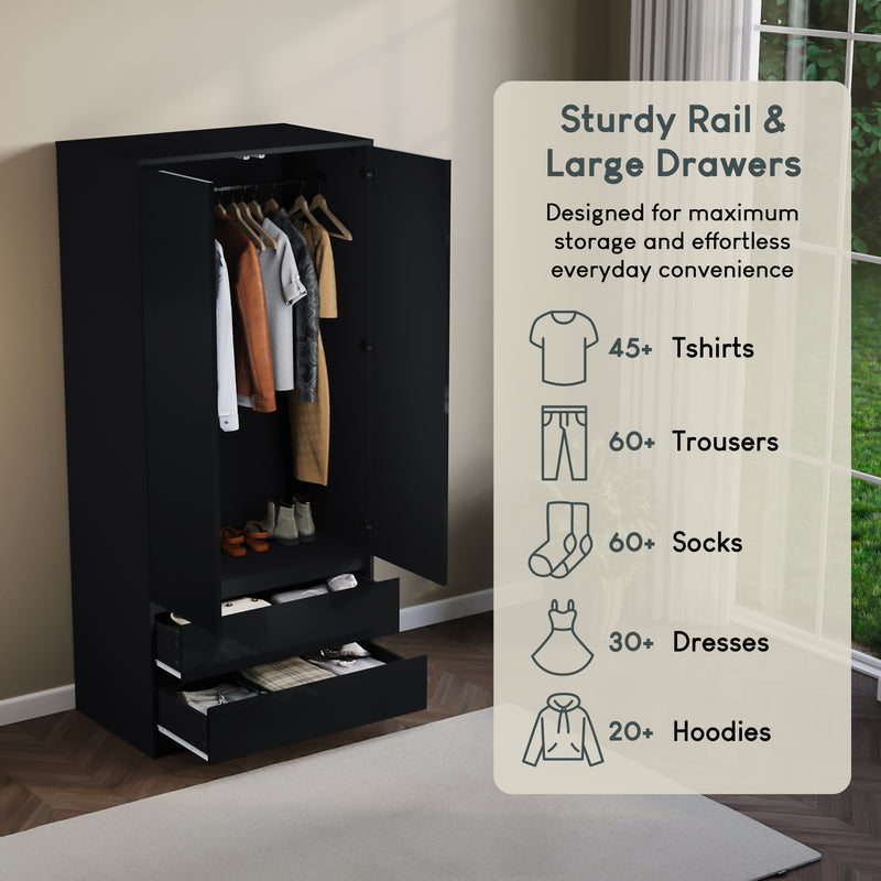 Glinton 2-Door 2-Drawer Wardrobe, Black (FSC 100%)