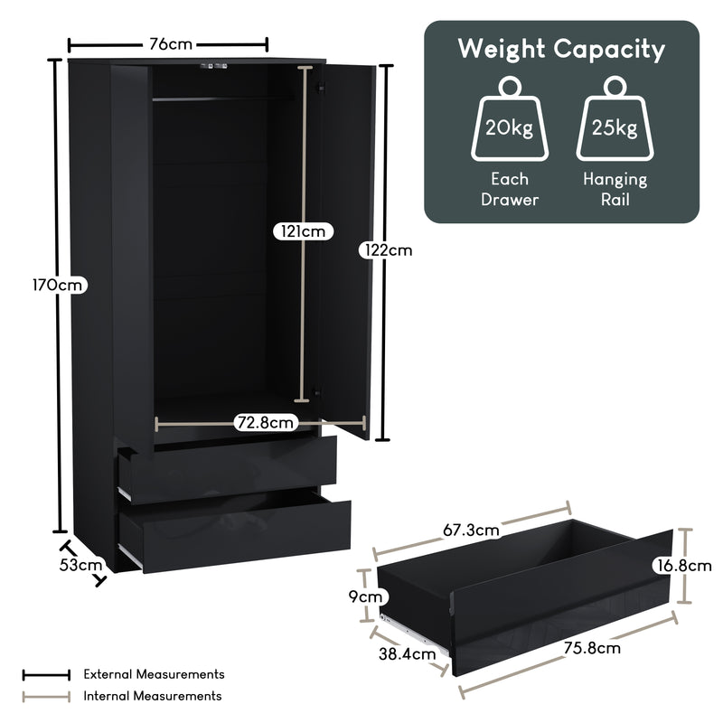 Glinton 2-Door 2-Drawer Wardrobe, Black (FSC 100%)