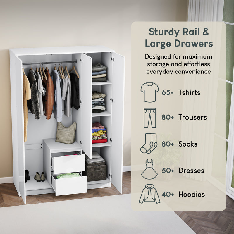 Glinton 3-Door 2-Drawer Wardrobe, White (FSC 100%)
