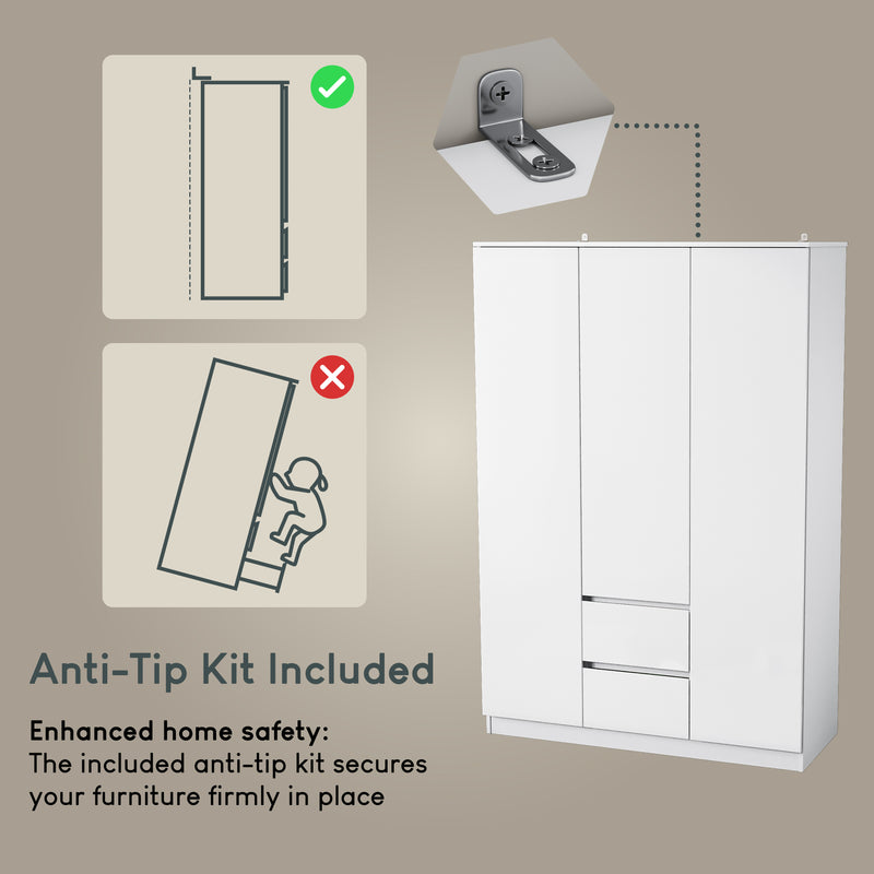 Glinton 3-Door 2-Drawer Wardrobe, White (FSC 100%)