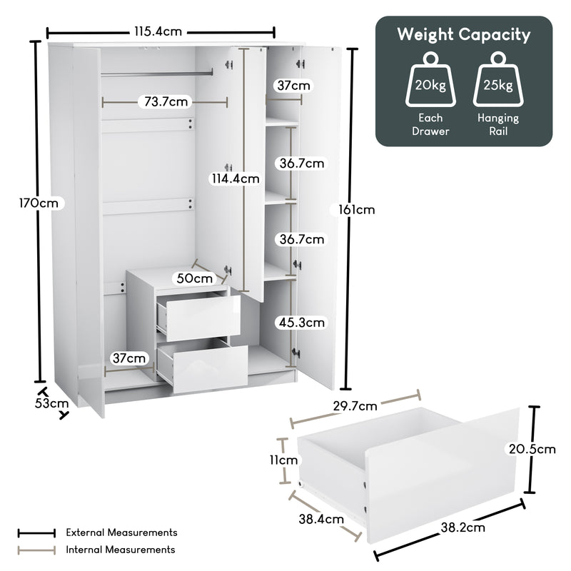 Glinton 3-Door 2-Drawer Wardrobe, White (FSC 100%)