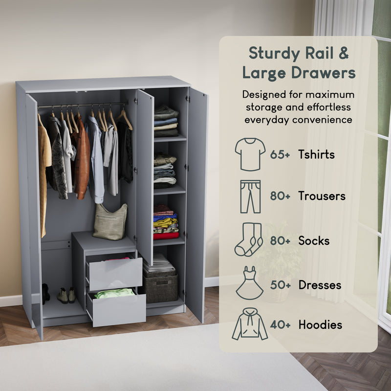 Glinton 3-Door 2-Drawer Wardrobe, Grey (FSC 100%)