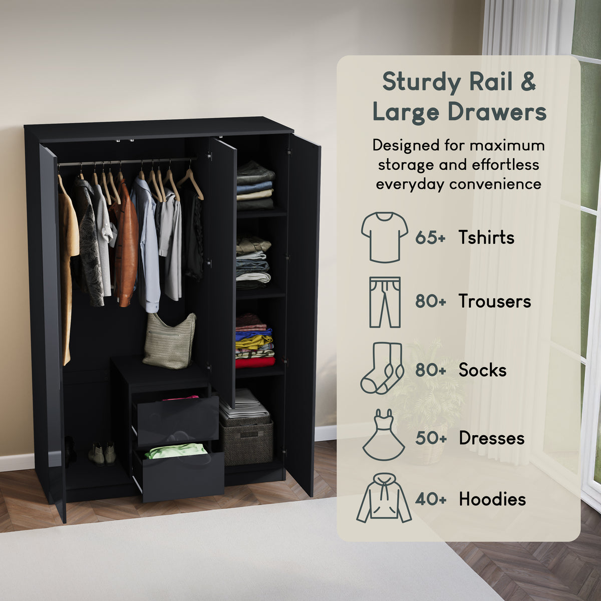 Glinton 3-Door 2-Drawer Wardrobe, Black (FSC 100%)