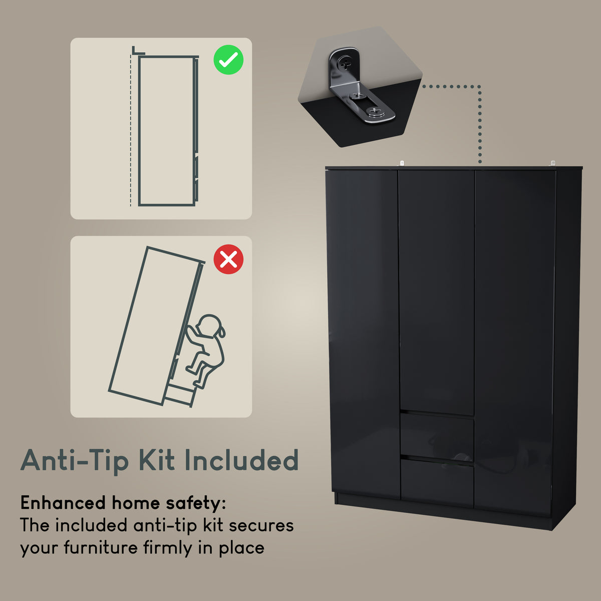 Glinton 3-Door 2-Drawer Wardrobe, Black (FSC 100%)