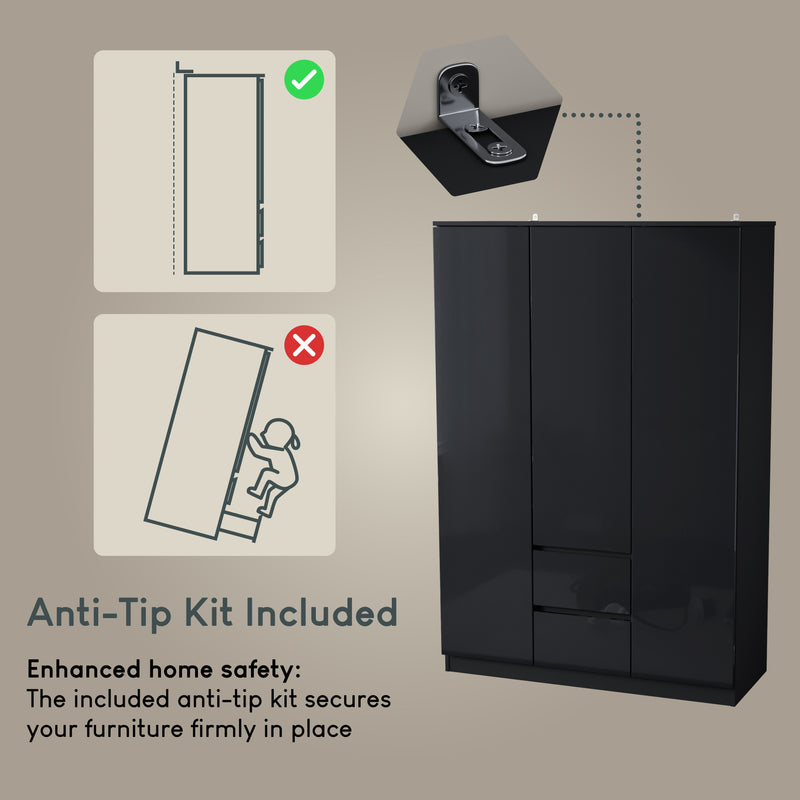 Glinton 3-Door 2-Drawer Wardrobe, Black (FSC 100%)