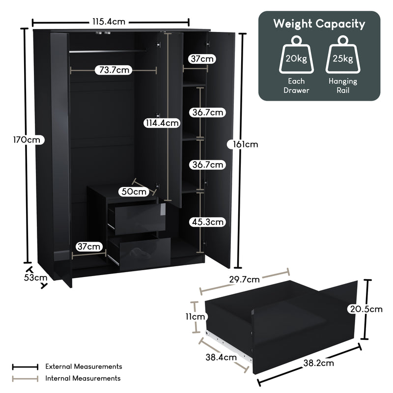 Glinton 3-Door 2-Drawer Wardrobe, Black (FSC 100%)