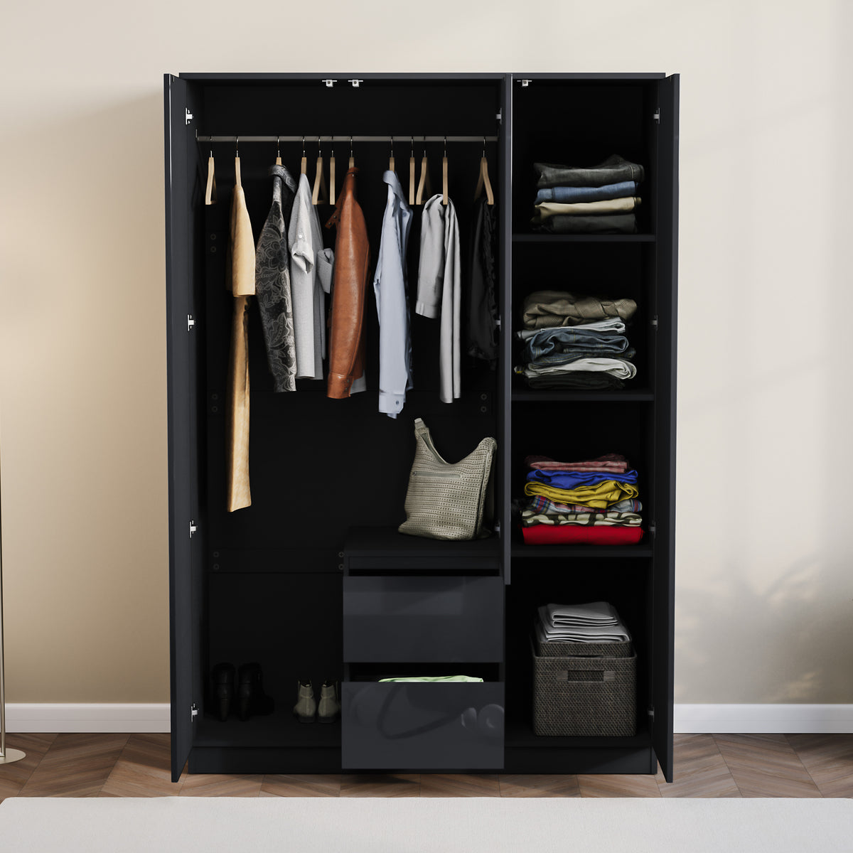 Glinton 3-Door 2-Drawer Wardrobe High Gloss, Black