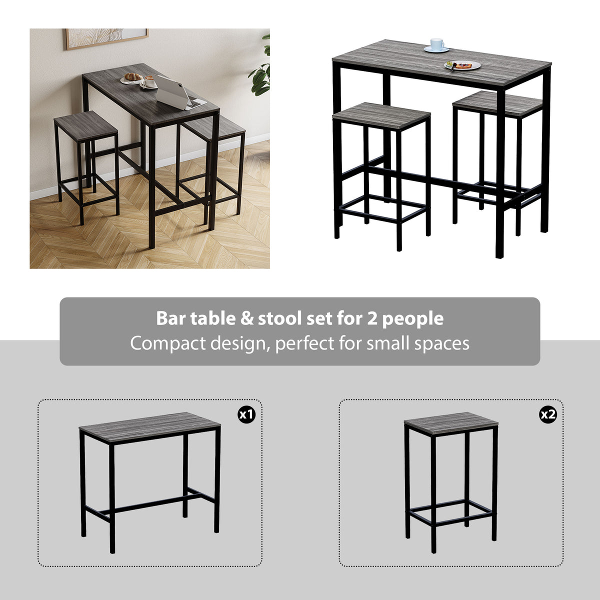 Roslyn 2-Seater Bar Table Set - Grey