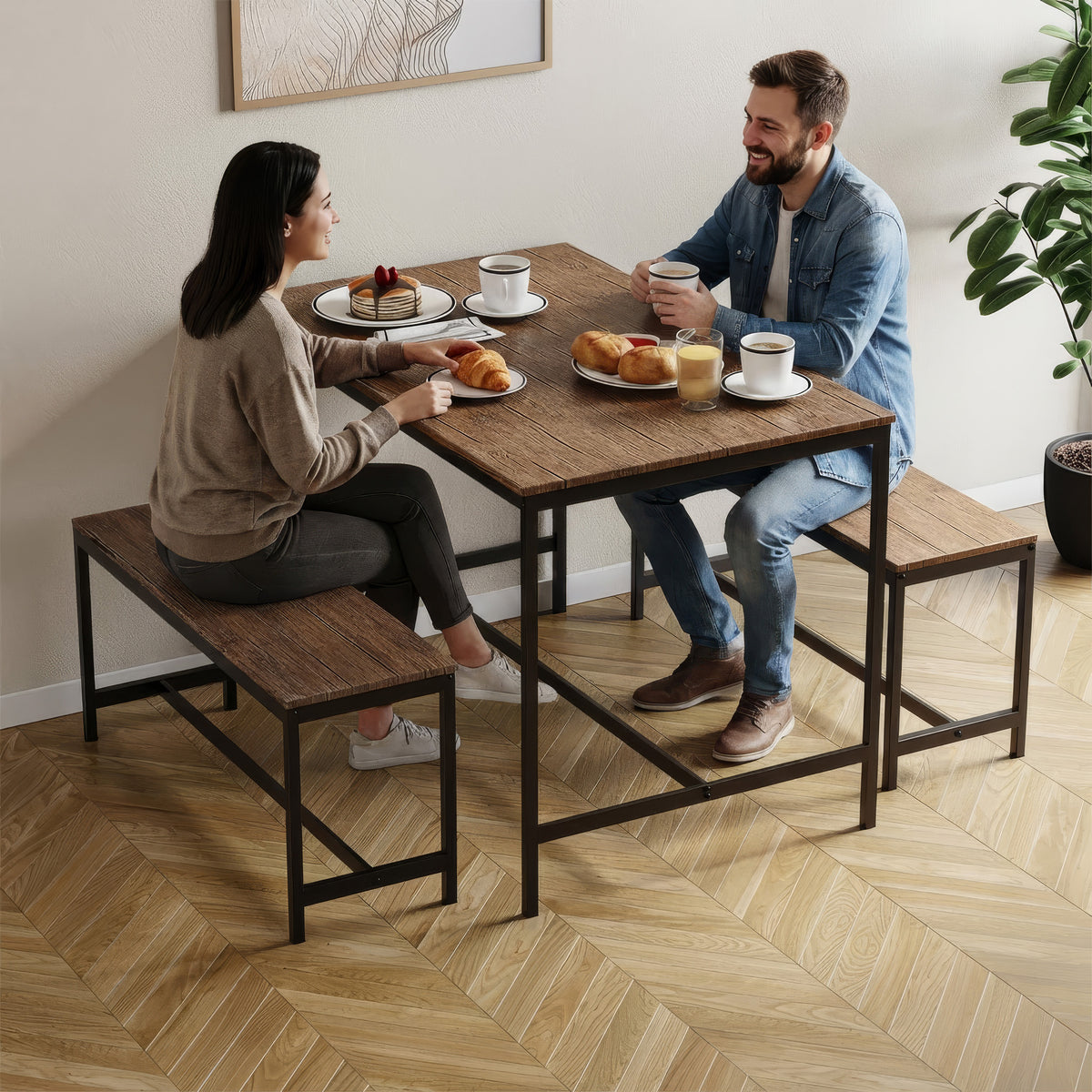Roslyn 4-Seater Dining Table With Bench Set - Dark Wood