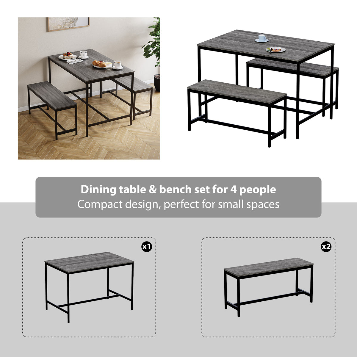 Roslyn 4-Seater Dining Table With Bench Set - Grey