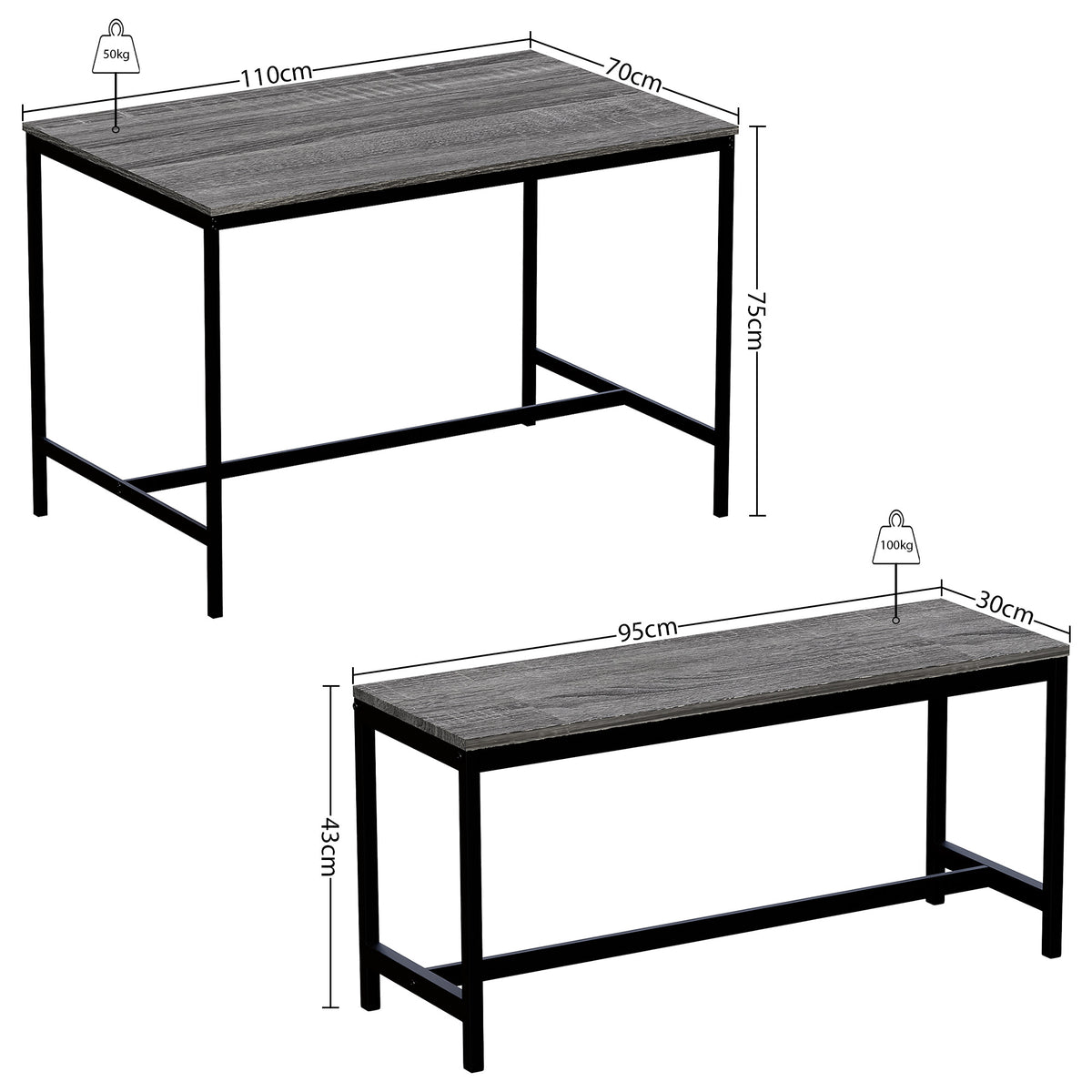 Roslyn 4-Seater Dining Table With Bench Set - Grey