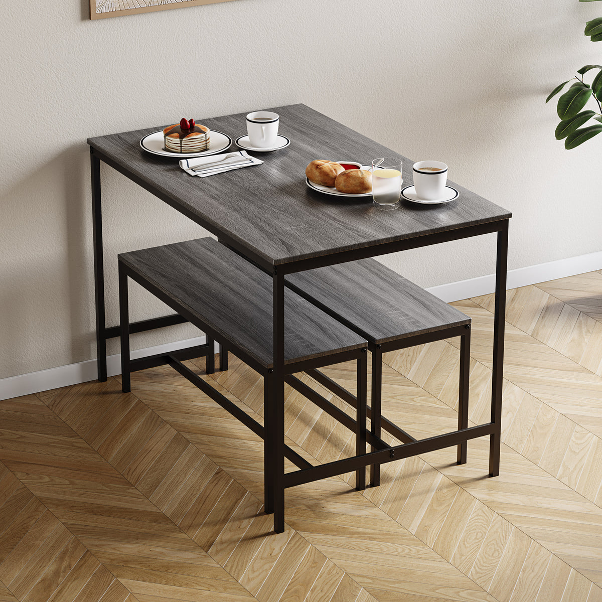 Roslyn 4-Seater Dining Table With Bench Set - Grey