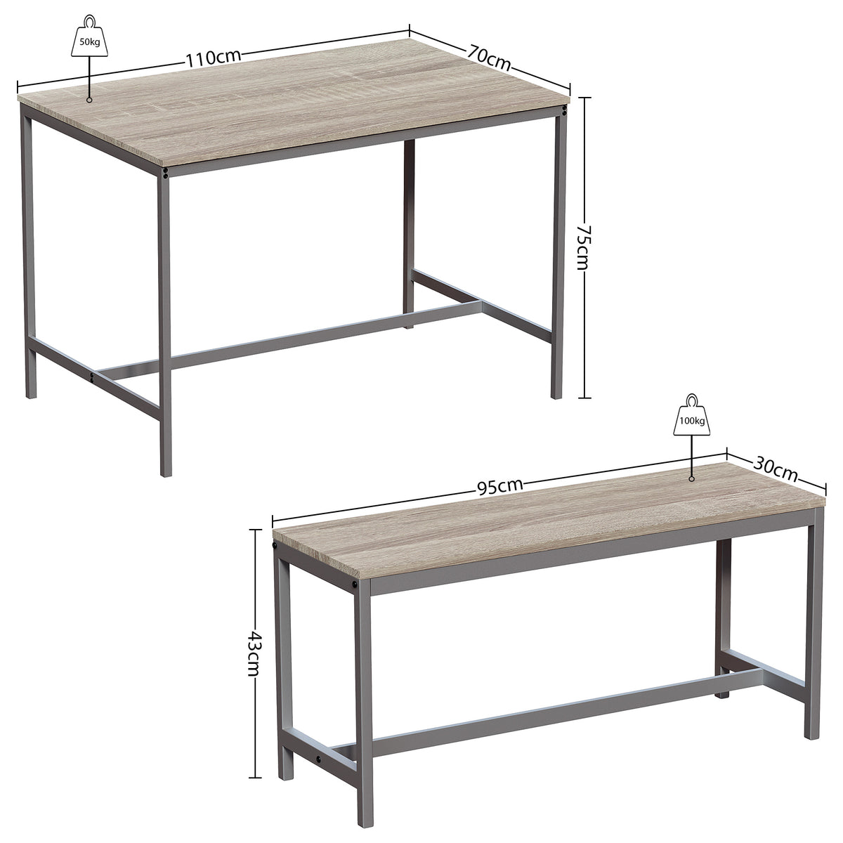 Roslyn 4-Seater Dining Table With Bench Set - Oak