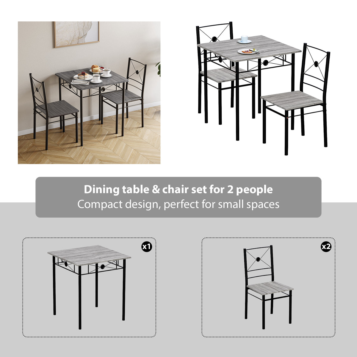 Roslyn 2-Seater Dining Set - Grey