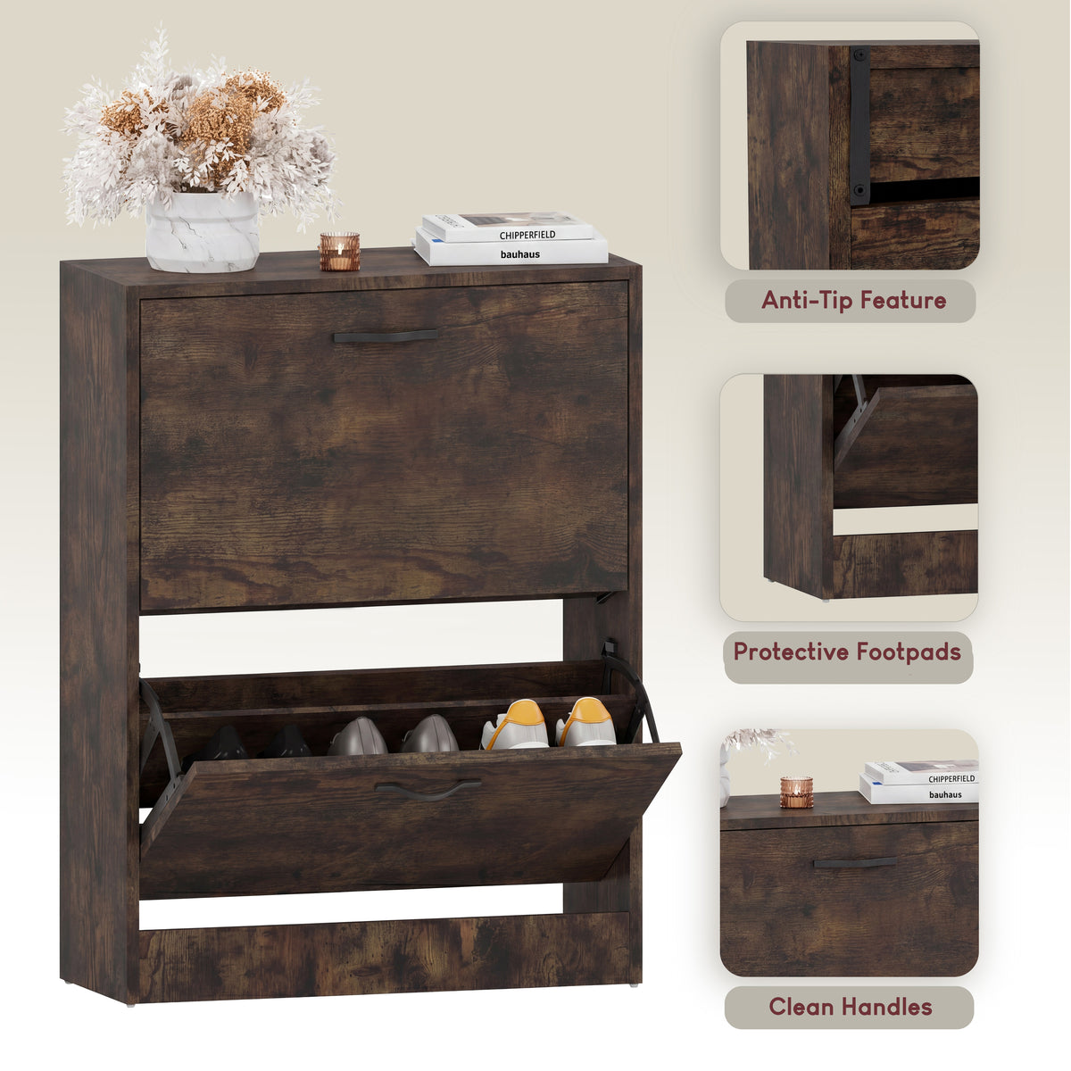 2-Drawer Shoe Cabinet, Dark Wood