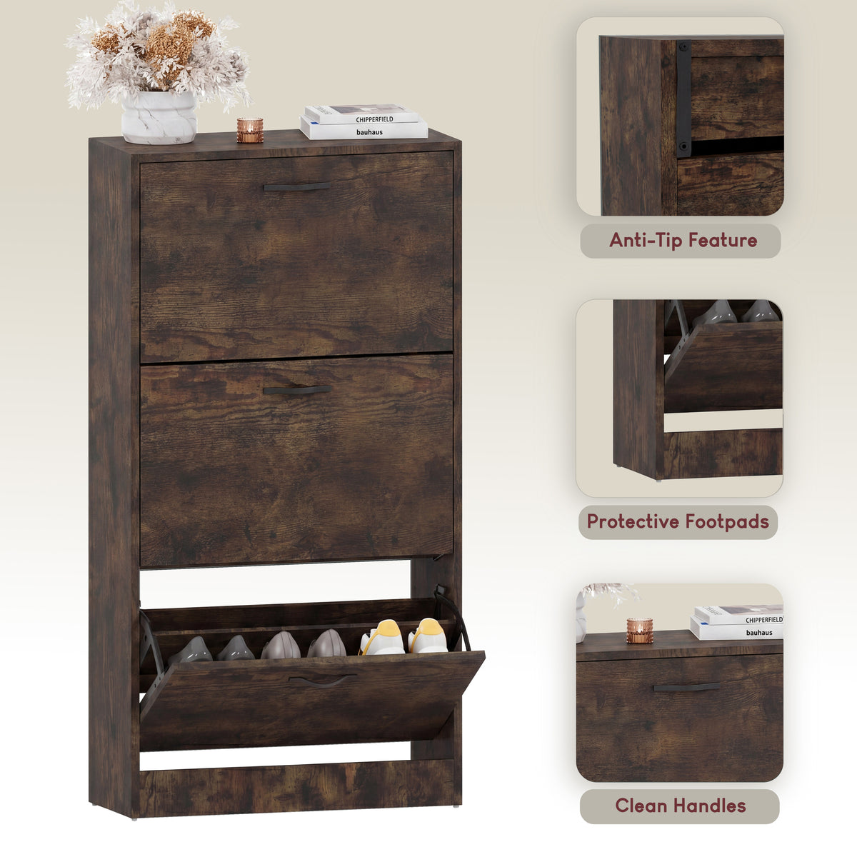 3-Drawer Shoe Cabinet - Dark Wood