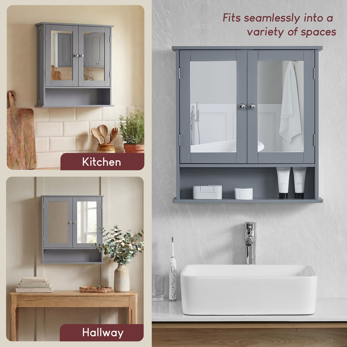 Priano 2 Door Mirrored Wall Cabinet With Shelf, Grey