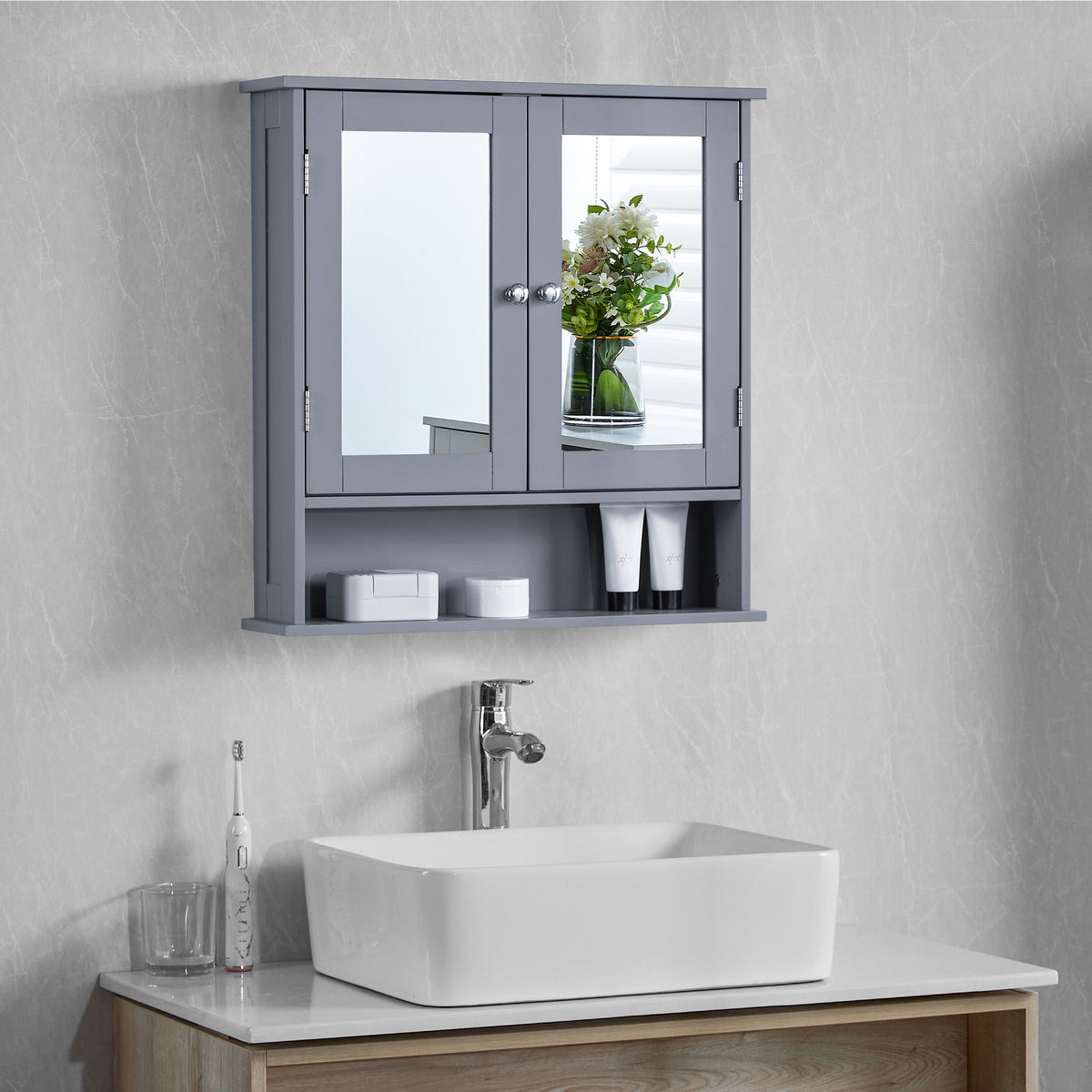 Priano 2 Door Mirrored Wall Cabinet With Shelf, Grey