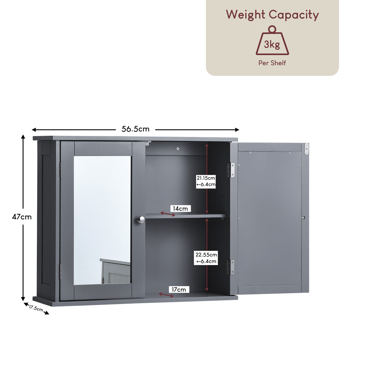Priano 2 Door Mirrored Wall Cabinet, Grey