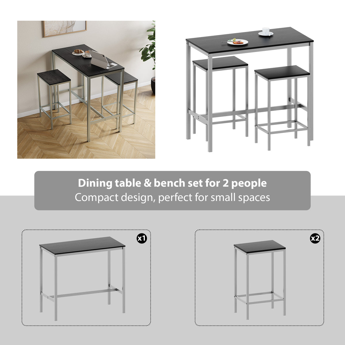 Roslyn 2 Seater Bar Table Set, Black