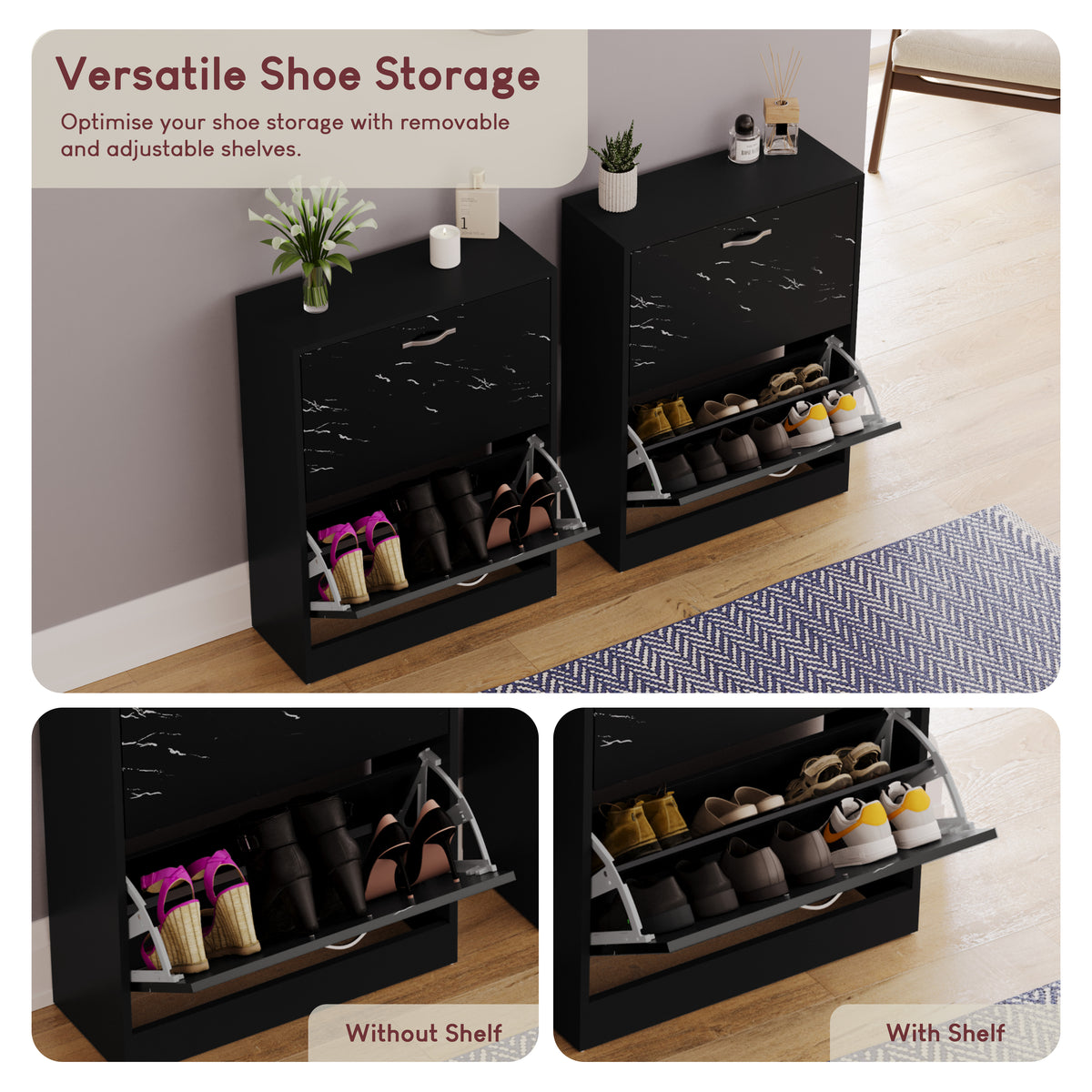 2 Drawer Shoe Cabinet, Black Marble
