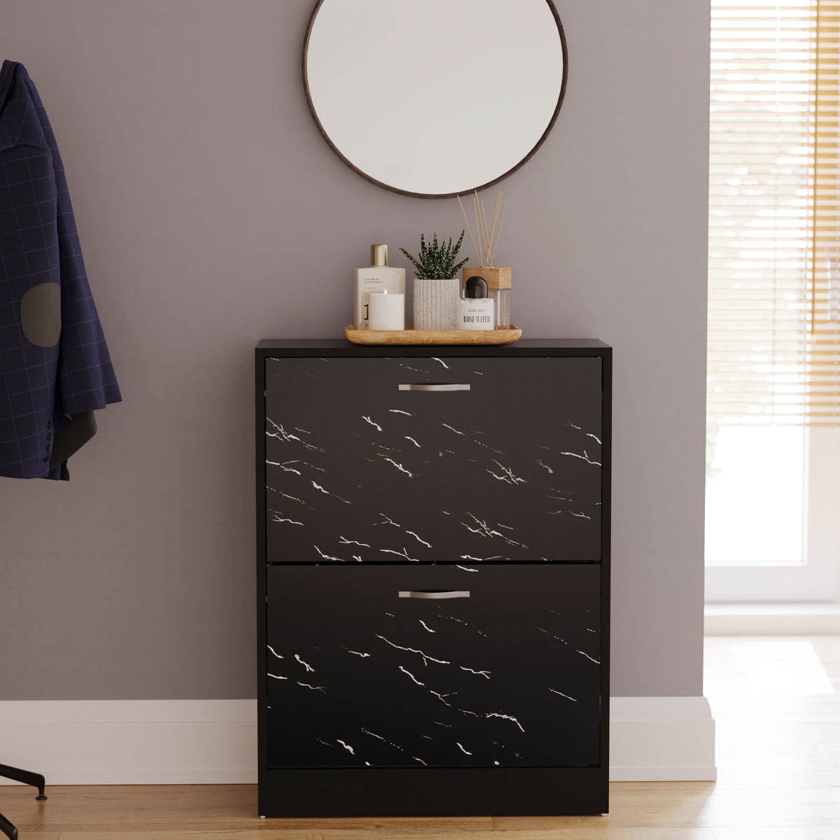 2 Drawer Shoe Cabinet, Black Marble