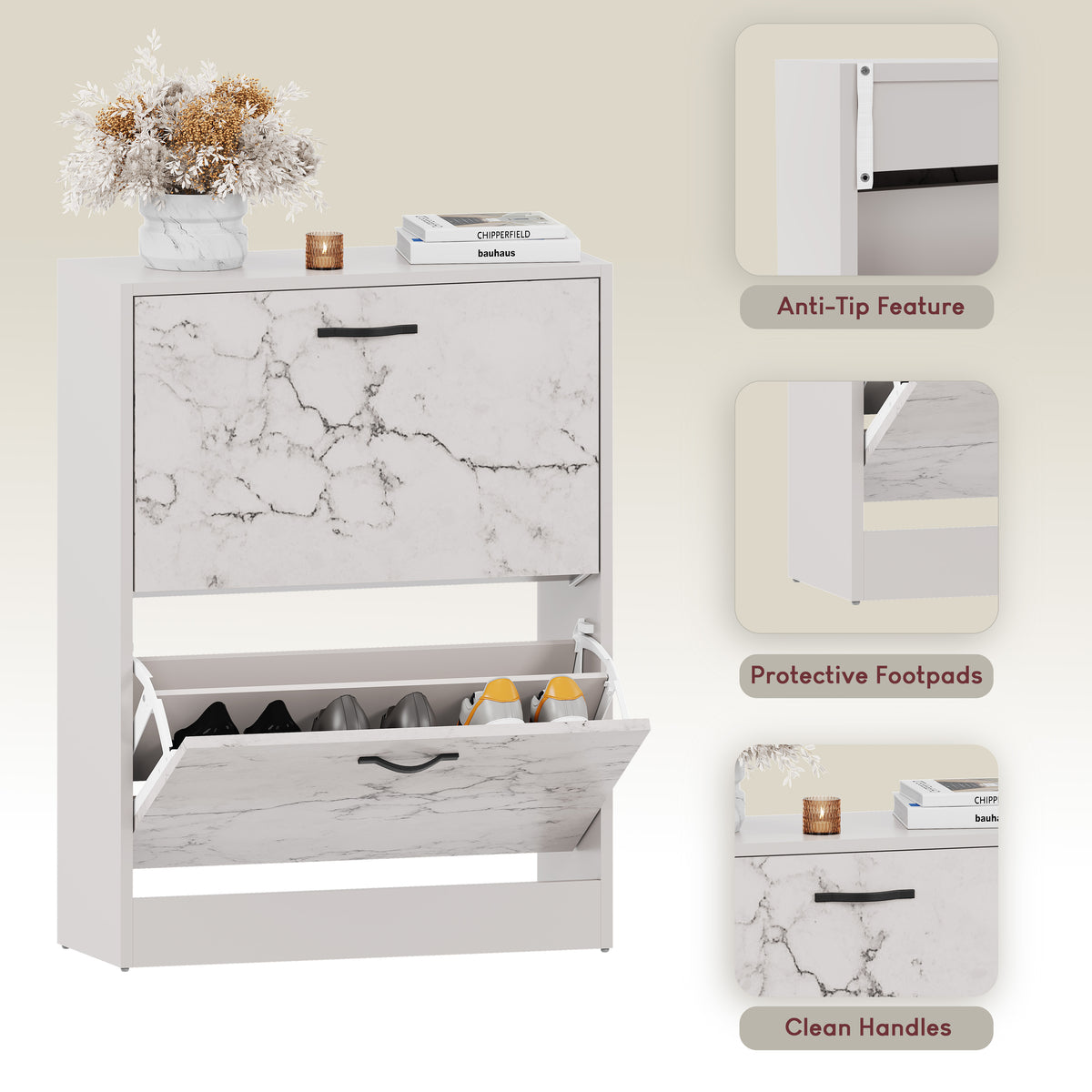 2 Drawer Shoe Cabinet, White Marble