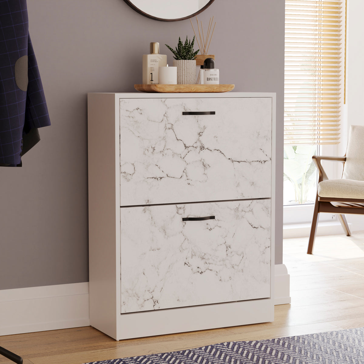2 Drawer Shoe Cabinet, White Marble