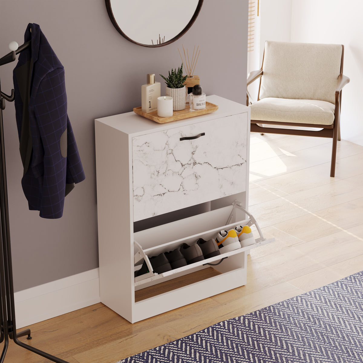 2 Drawer Shoe Cabinet, White Marble