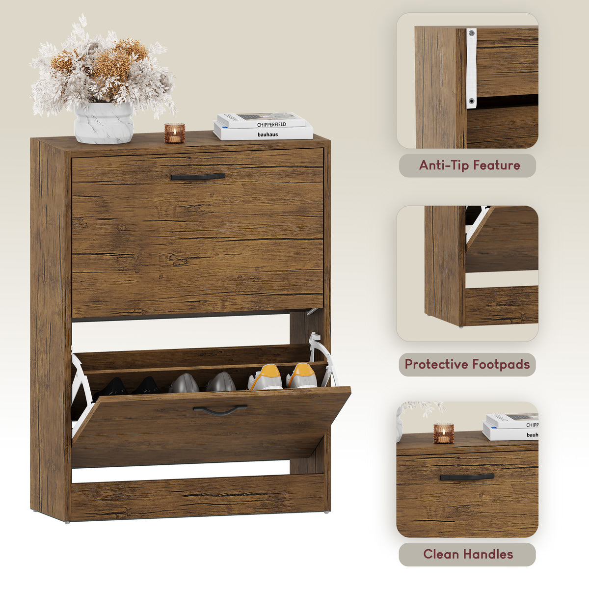 2 Drawer Shoe Cabinet, Antique Brown