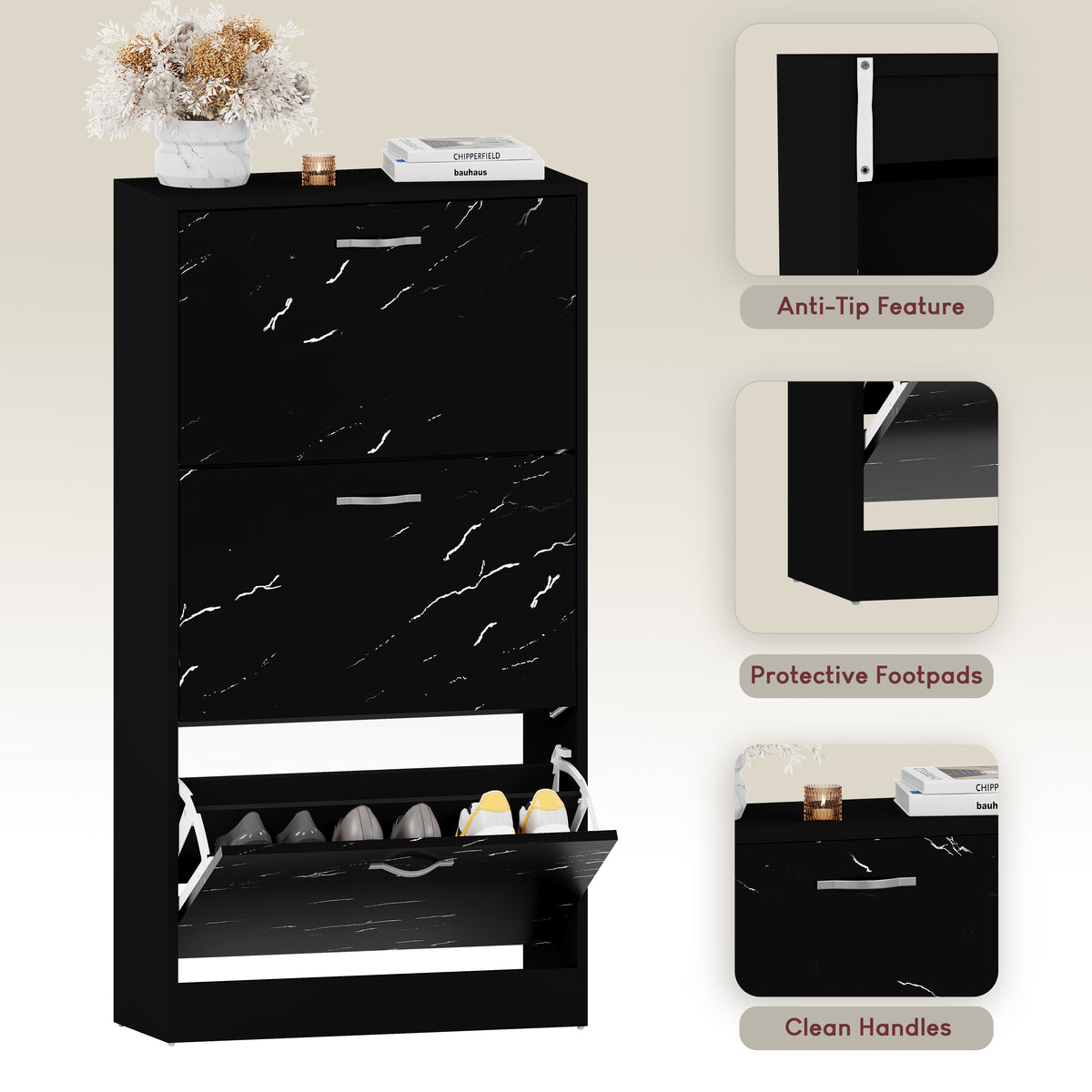 3 Drawer Shoe Cabinet, Black Marble
