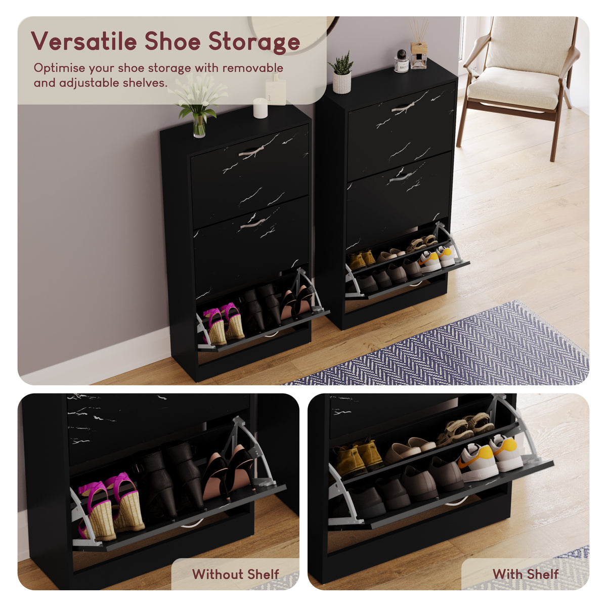 3 Drawer Shoe Cabinet, Black Marble