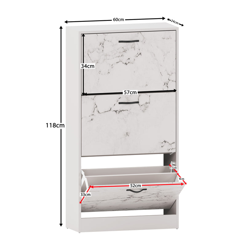 3 Drawer Shoe Cabinet, White Marble