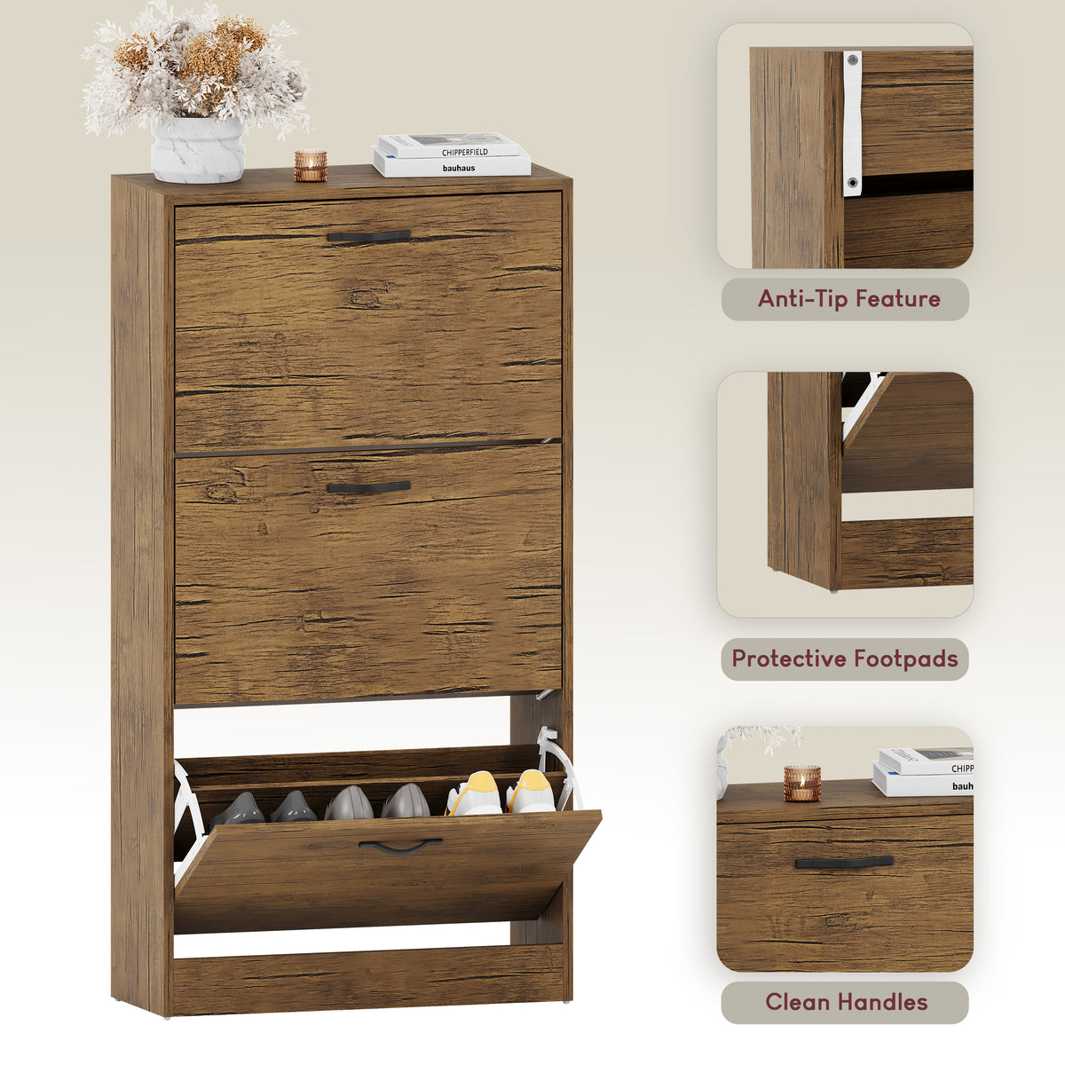 3 Drawer Shoe Cabinet, Antique Brown