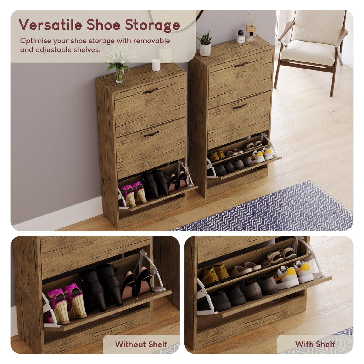 3 Drawer Shoe Cabinet, Antique Brown