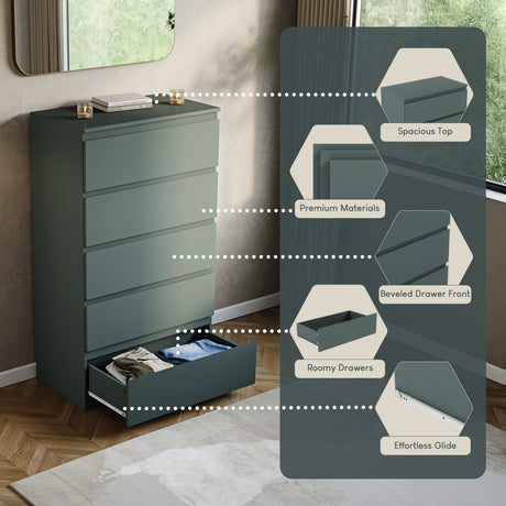 Denver Chest of 5 Drawers, Jasper Green