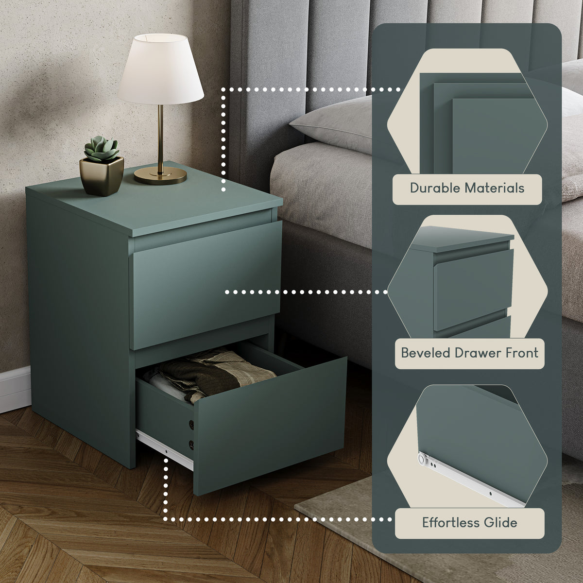 Denver 2 Drawer Large Bedside Chest, Jasper Green
