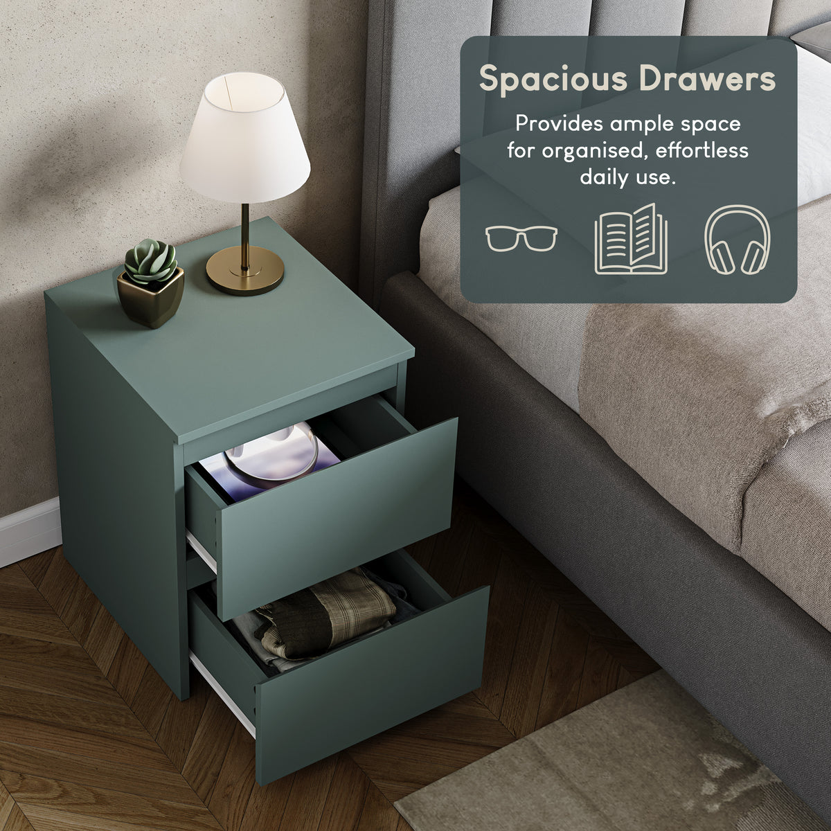 Denver 2 Drawer Large Bedside Chest, Jasper Green