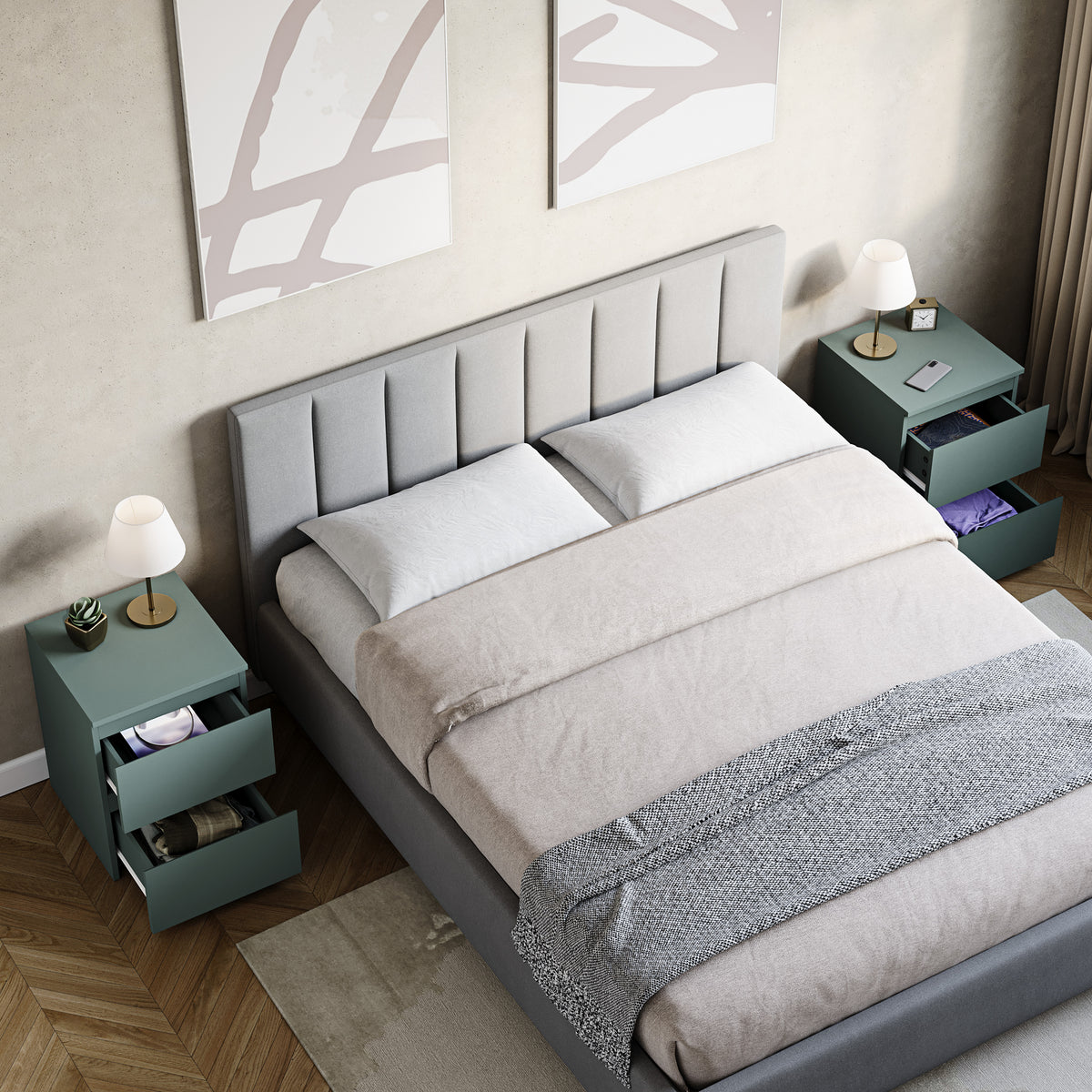 Denver 2 Drawer Large Bedside Chest, Jasper Green