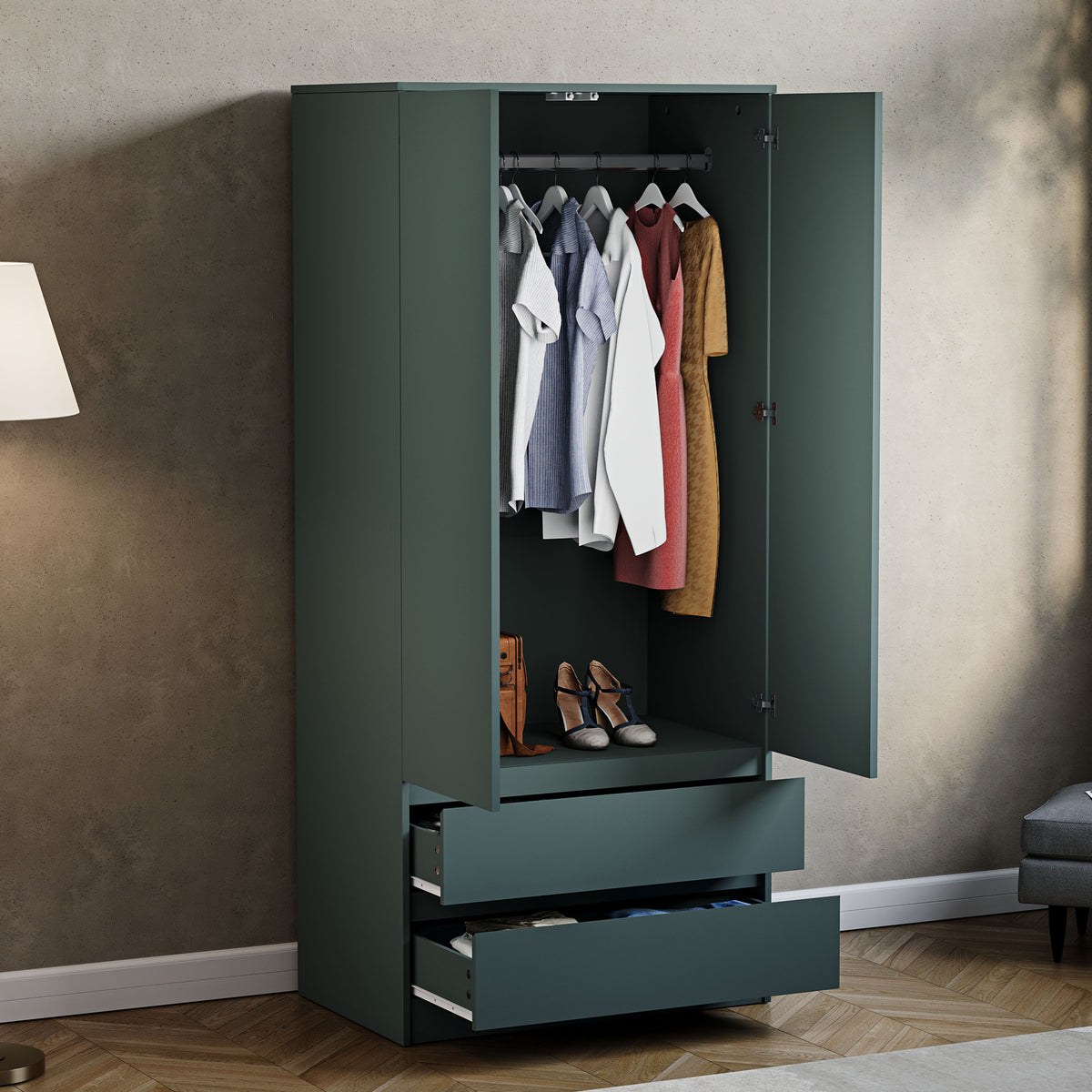 Denver 2 door 2 drawer wardrobe, Jasper Green
