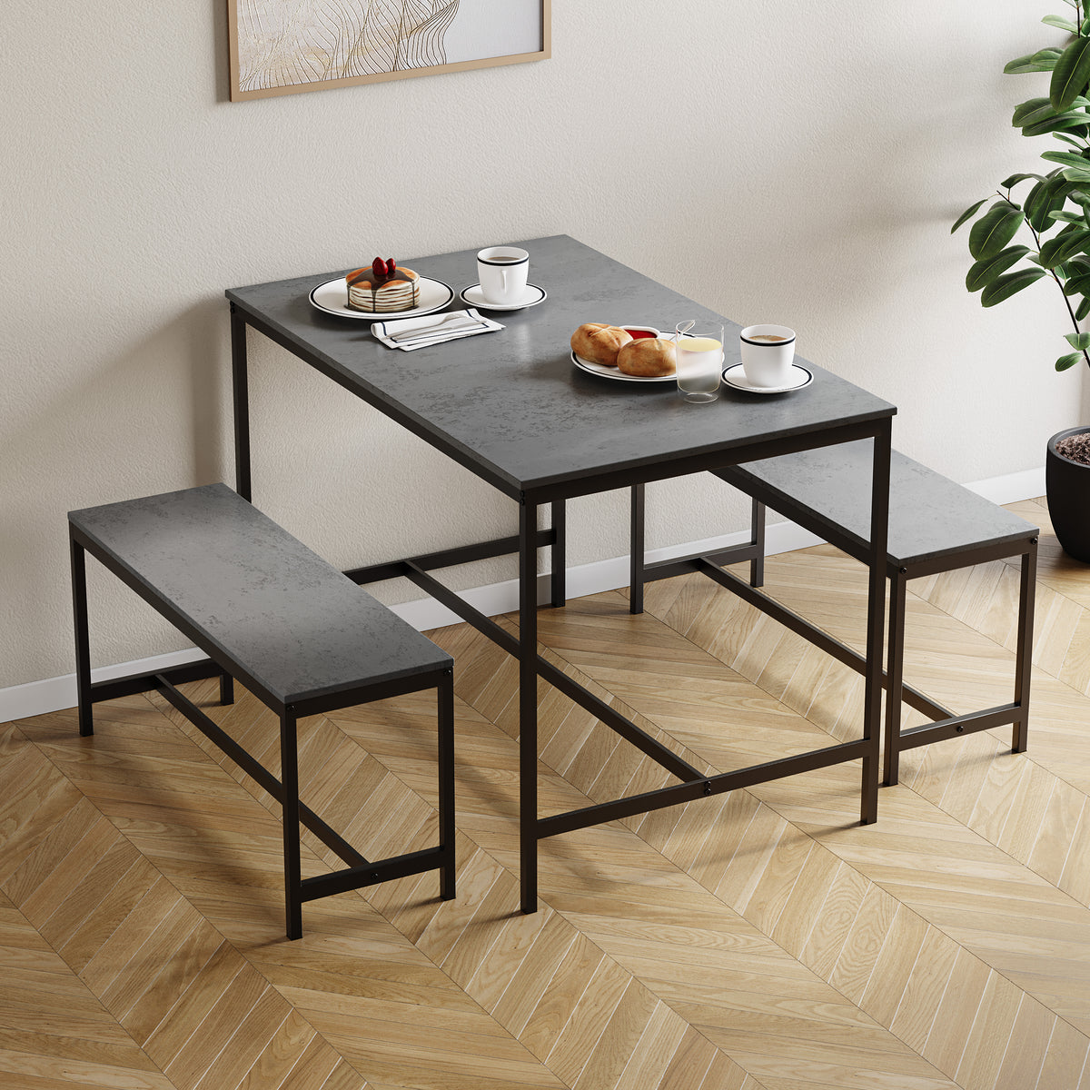 Roslyn 4 Seater Dining Table With Bench Set, Concrete Grey
