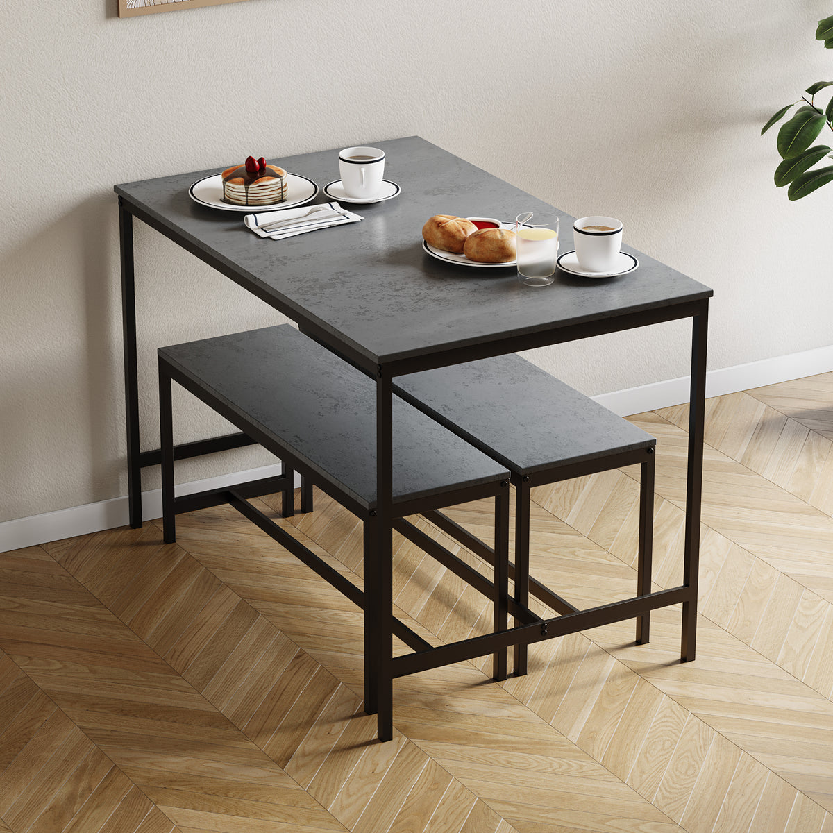 Roslyn 4 Seater Dining Table With Bench Set, Concrete Grey