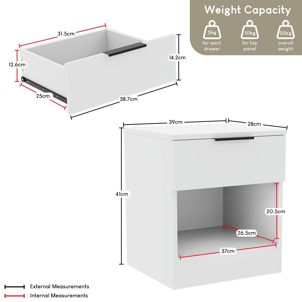 Trega 1 Drawer Bedside Chest, White
