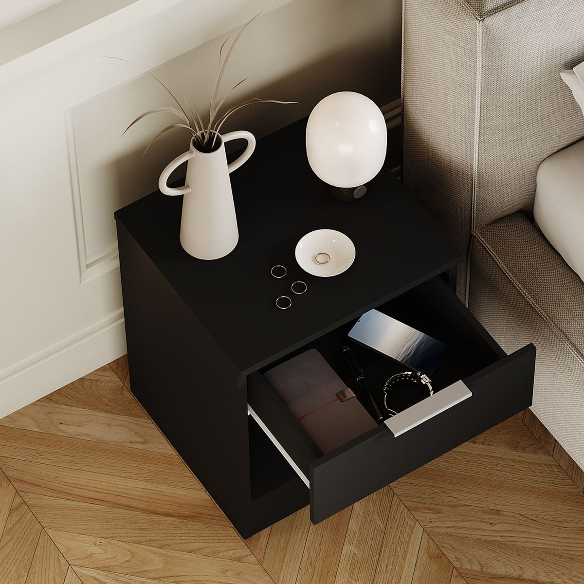Trega 1 Drawer Bedside Chest, Black