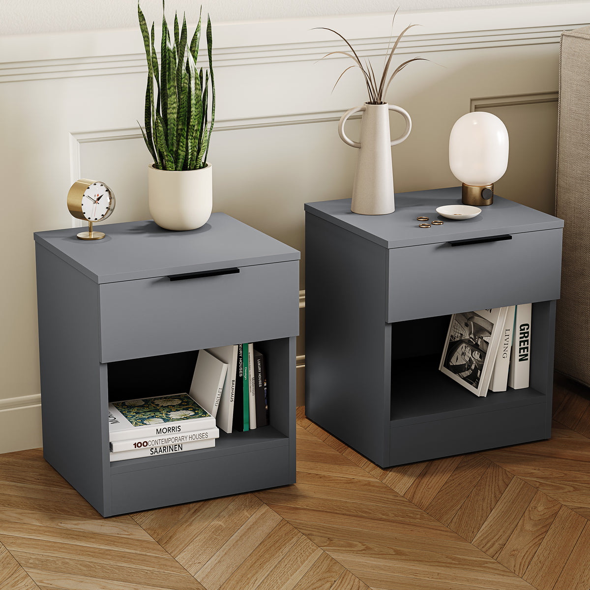 Trega 1 Drawer Bedside Chest, Grey - Set of 2