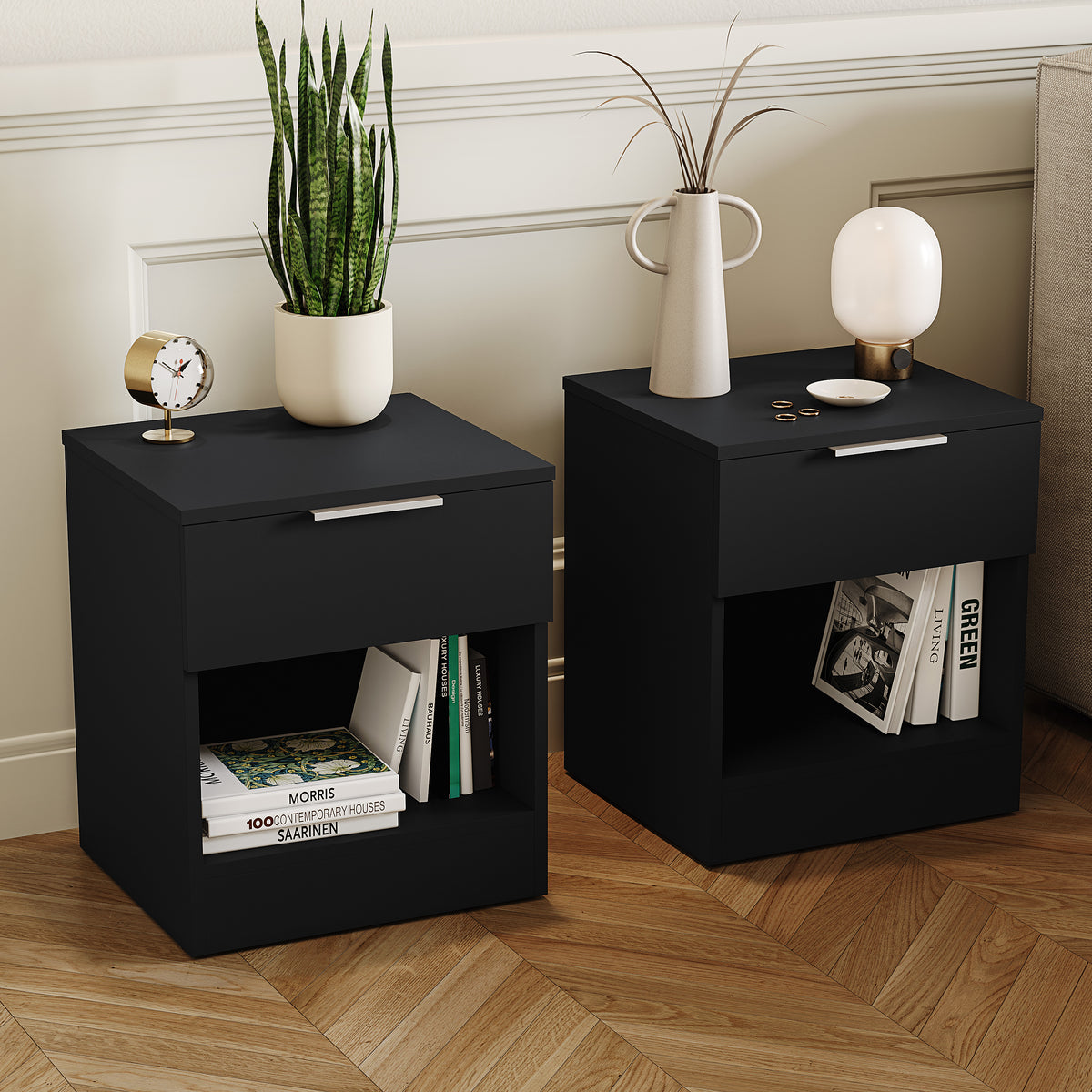 Trega 1 Drawer Bedside Chest, Black - Set of 2