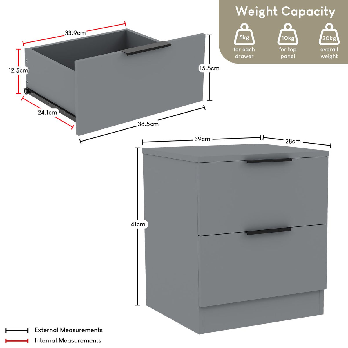Trega 2 Drawer Bedside Chest, Grey - Set of 2