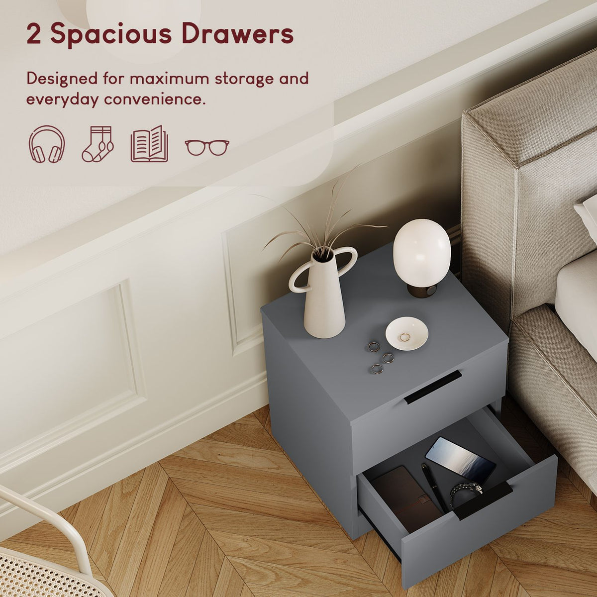 Trega 2 Drawer Bedside Chest, Grey