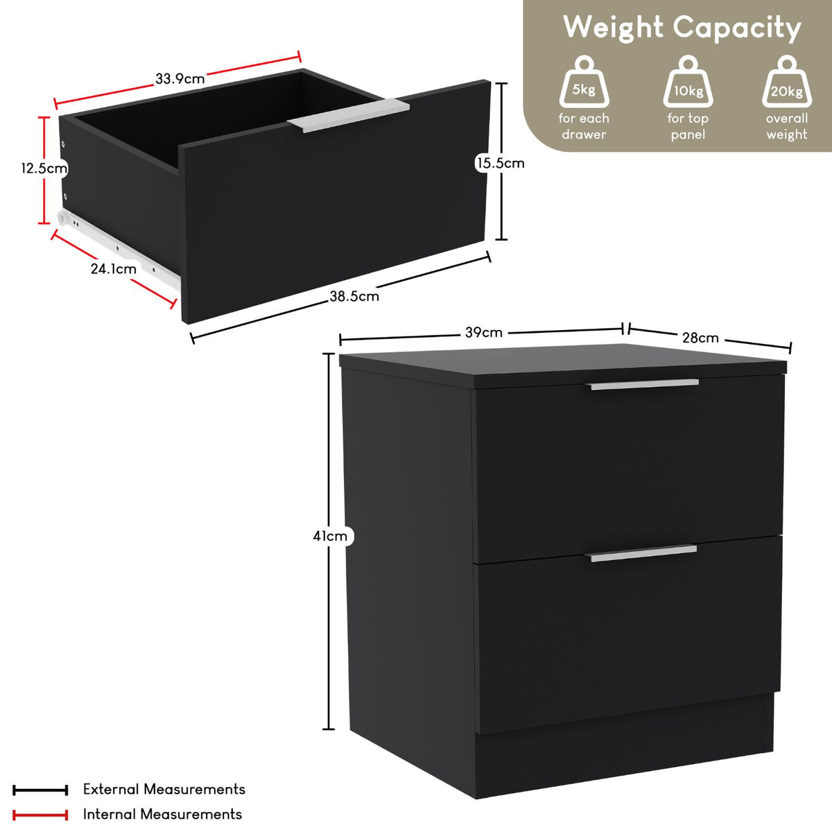 Trega 2 Drawer Bedside Chest, Black - Set of 2