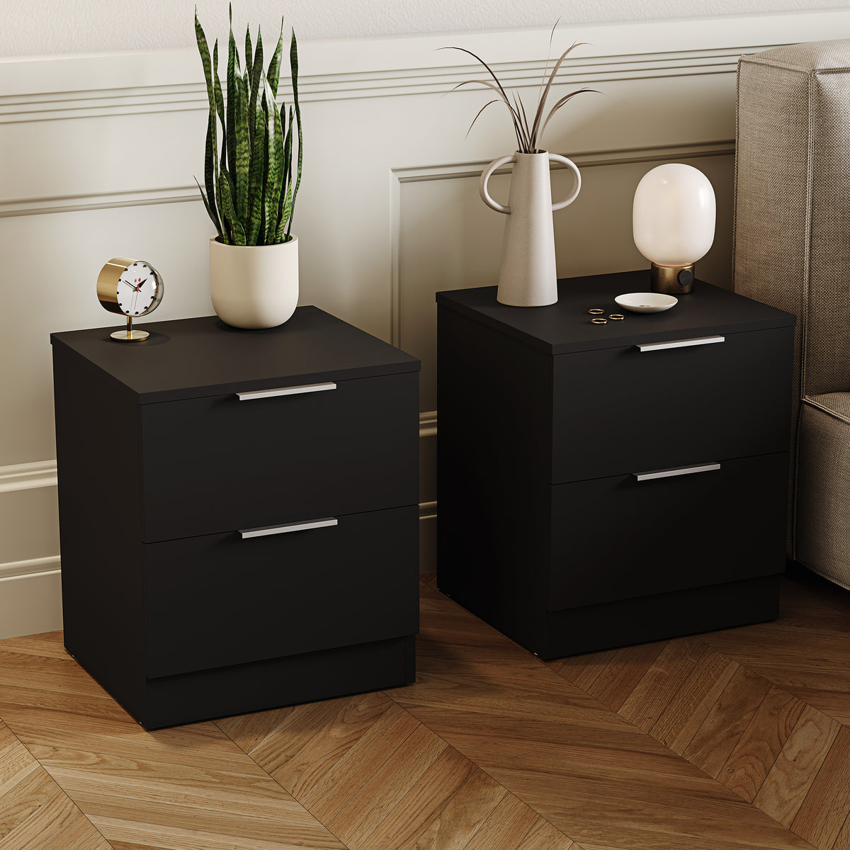 Trega 2 Drawer Bedside Chest, Black - Set of 2